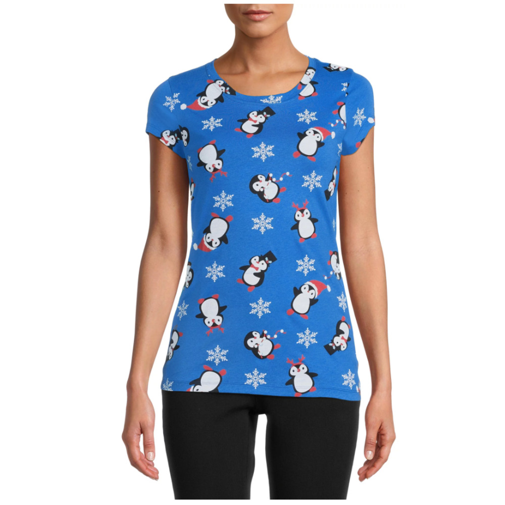 Wound Up Juniors Penguin Snowflakes Toss Holiday Christmas T-Shirt Blue XS top